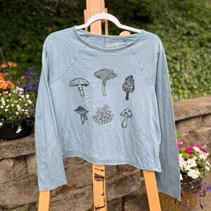 Upcycled Blue Women’s Small Long Sleeve Mushroom Print Shirt